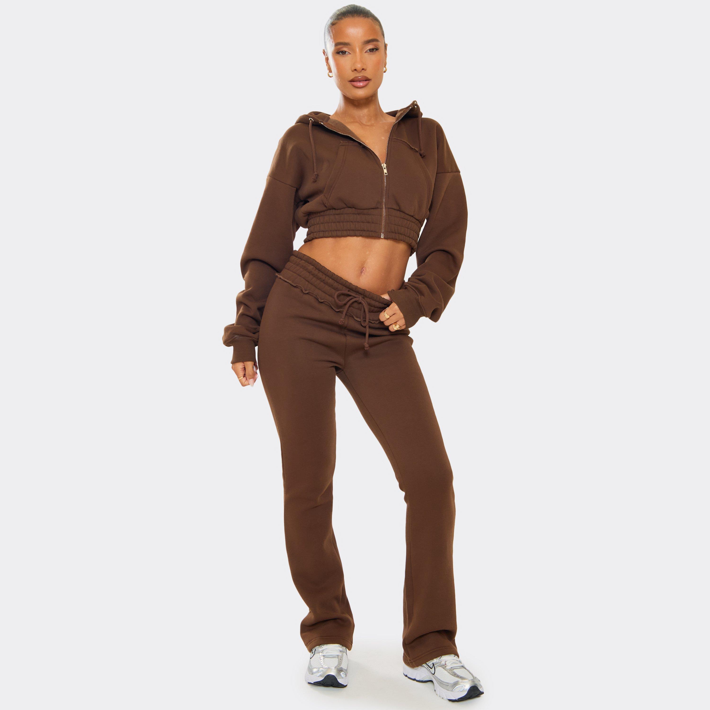 Mid Rise Distressed Detail Drawstring Flared Leg Joggers In Chocolate, Women's Size UK 8