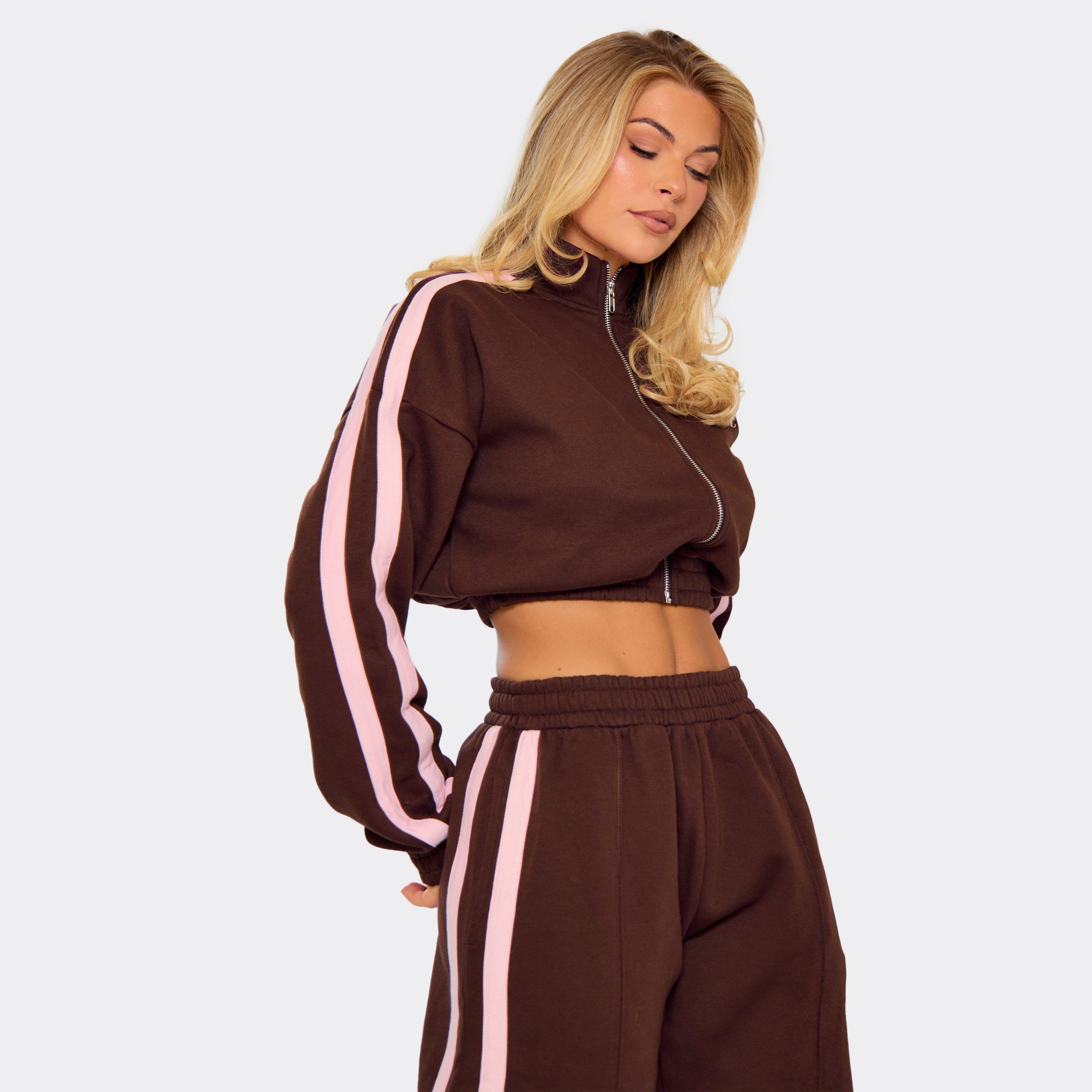 Long Sleeve Contrast Stripe Essential Graphic Zip Up Jacket In Brown, Women's Size UK 16