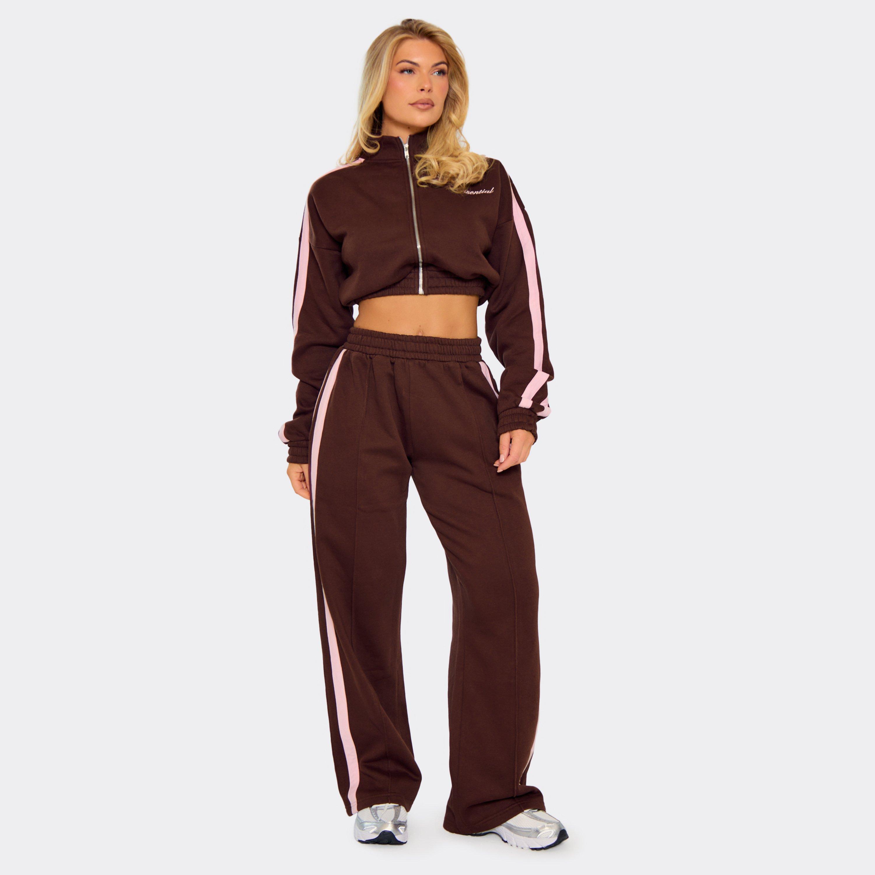 Mid Rise Contrast Stripe Straight Leg Joggers In Brown, Women's Size UK 14