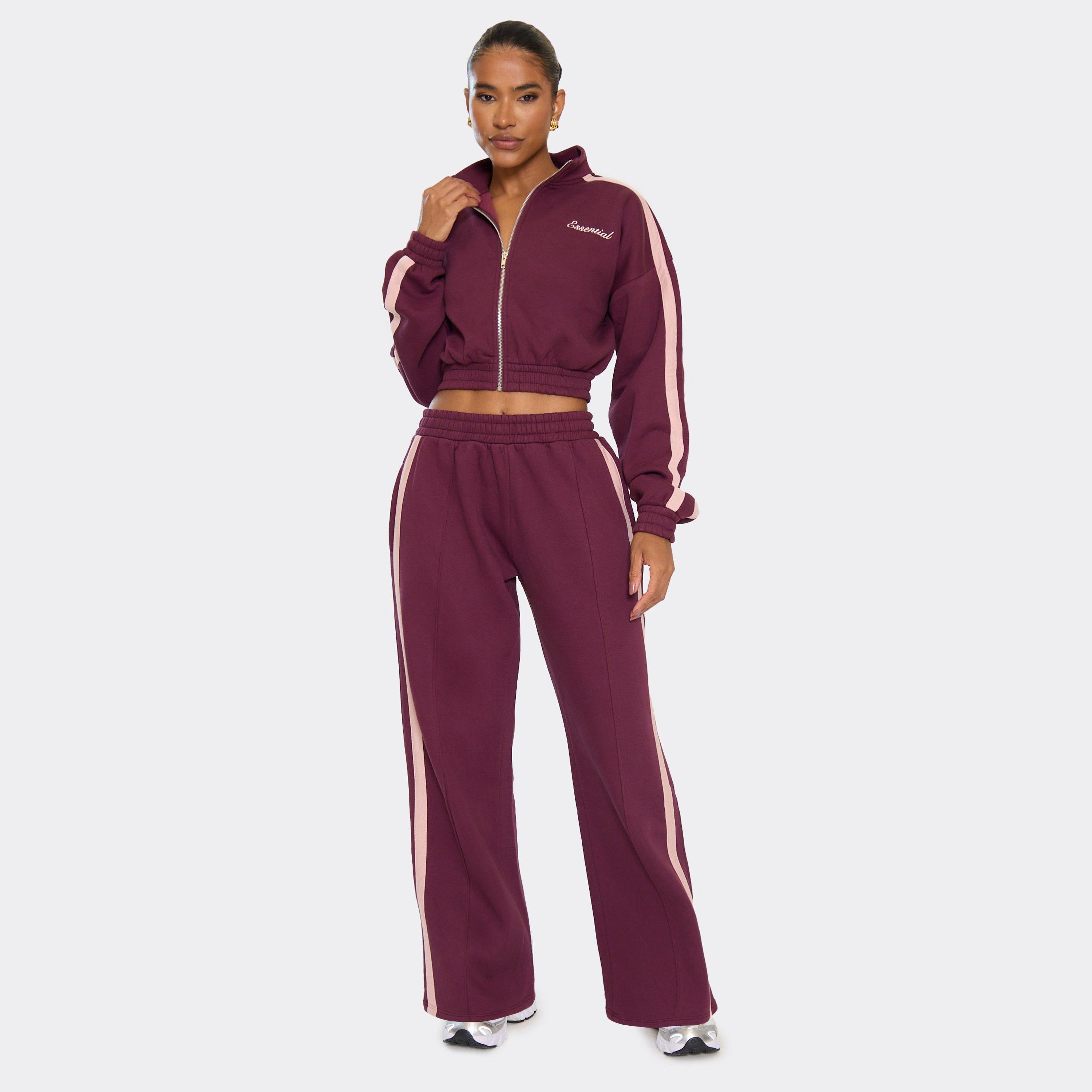 Mid Rise Contrast Stripe Straight Leg Joggers In Burgundy, Women's Size UK 16