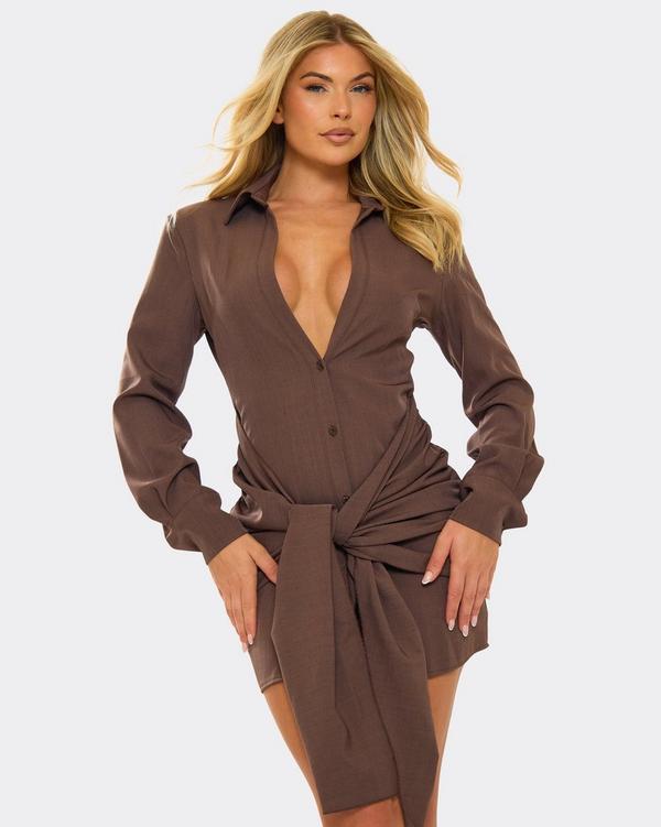 Chocolate Brown Shirt Dress With A Plunge Neck And Tie-Drape EGO