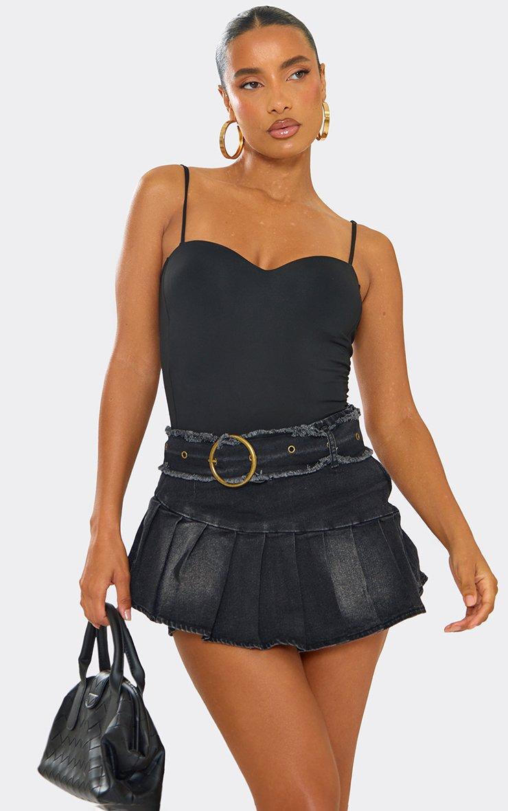 Asymmetric Wrap Waist Chain Detail Mini Skirt In Black Acid Wash