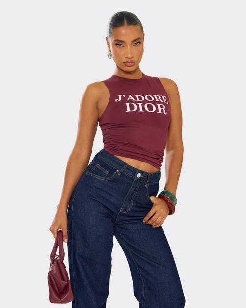 Scoop Neck J'Adore Stud Detail Vest Top In Burgundy