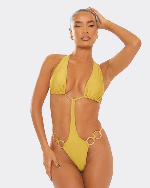Halterneck O Ring Detail Swimsuit In Gold