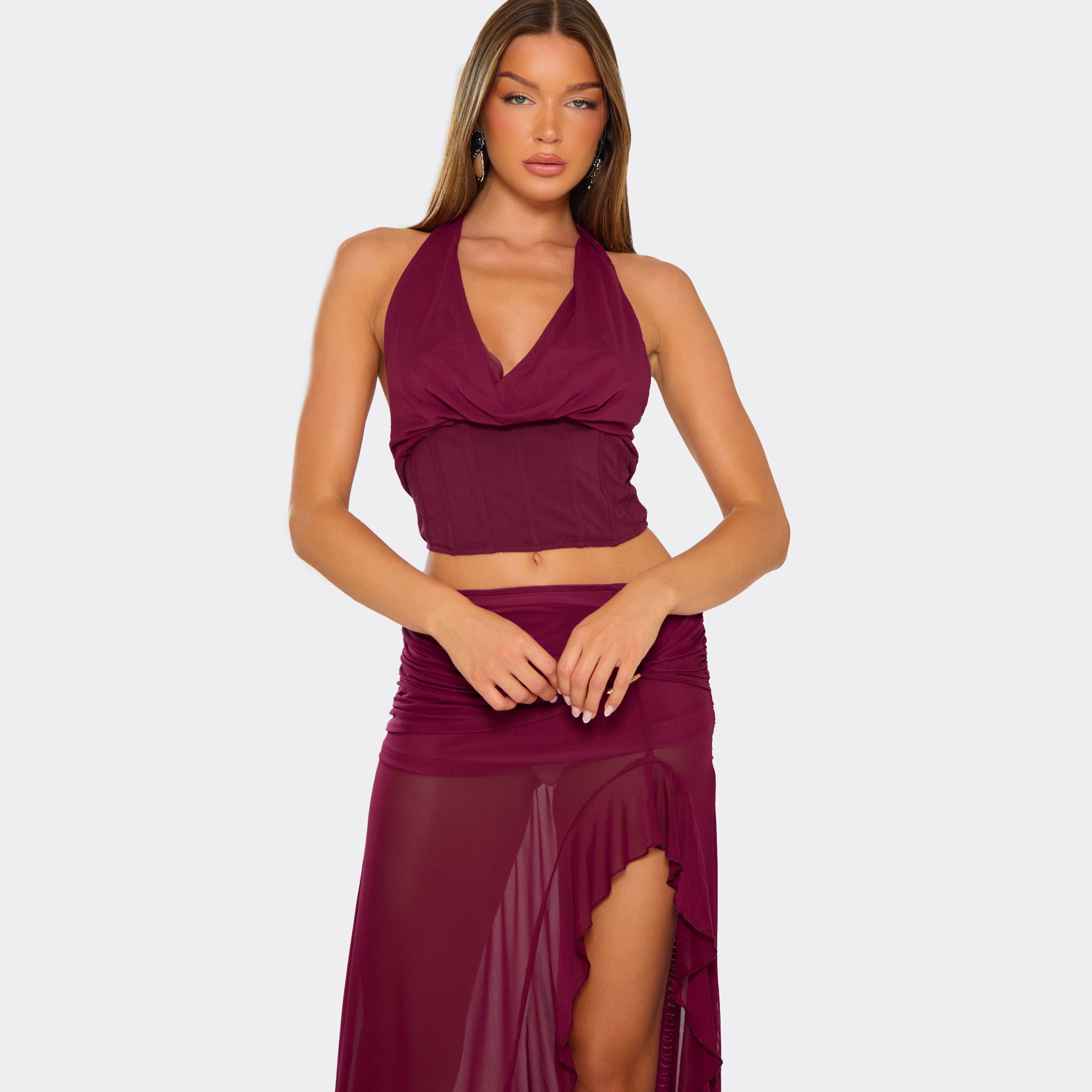 Cowl Halterneck Lace Up Back Corset Top In Plum, Women's Size UK 12