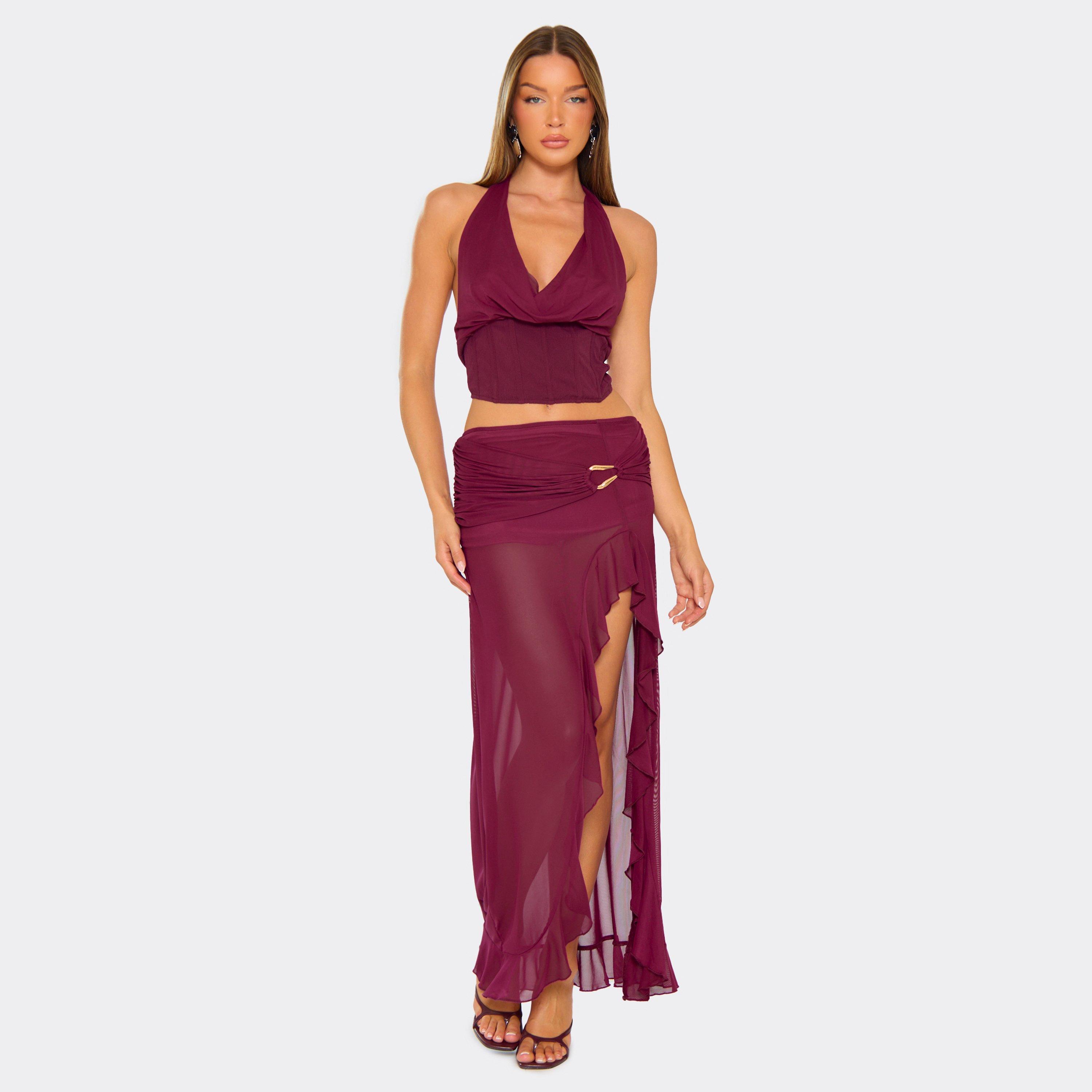 Low Waist Ruched Trim Detail Maxi Skirt In Plum, Women’s