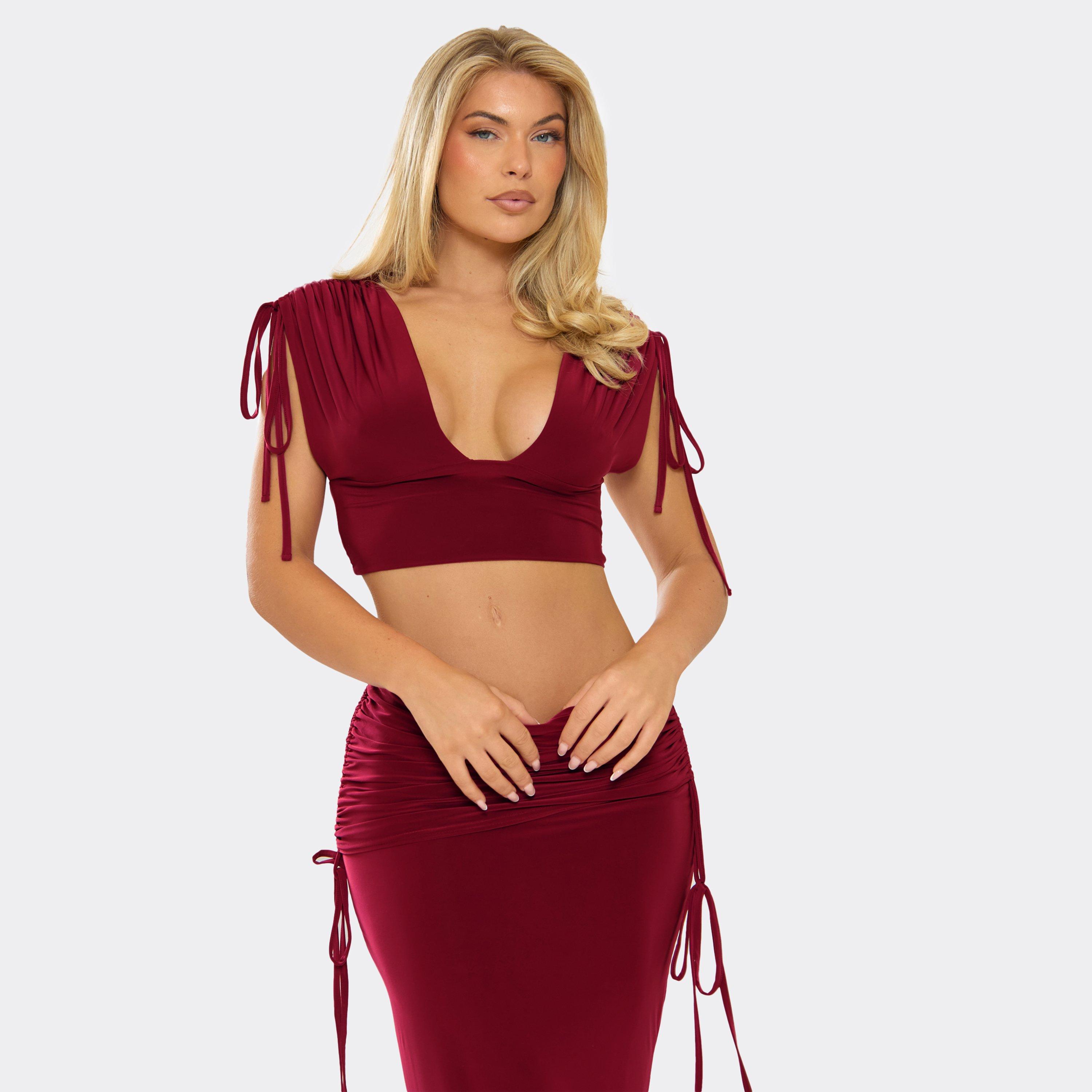 Image of Plunge Ruched Detail Crop Top In Burgundy, Women's