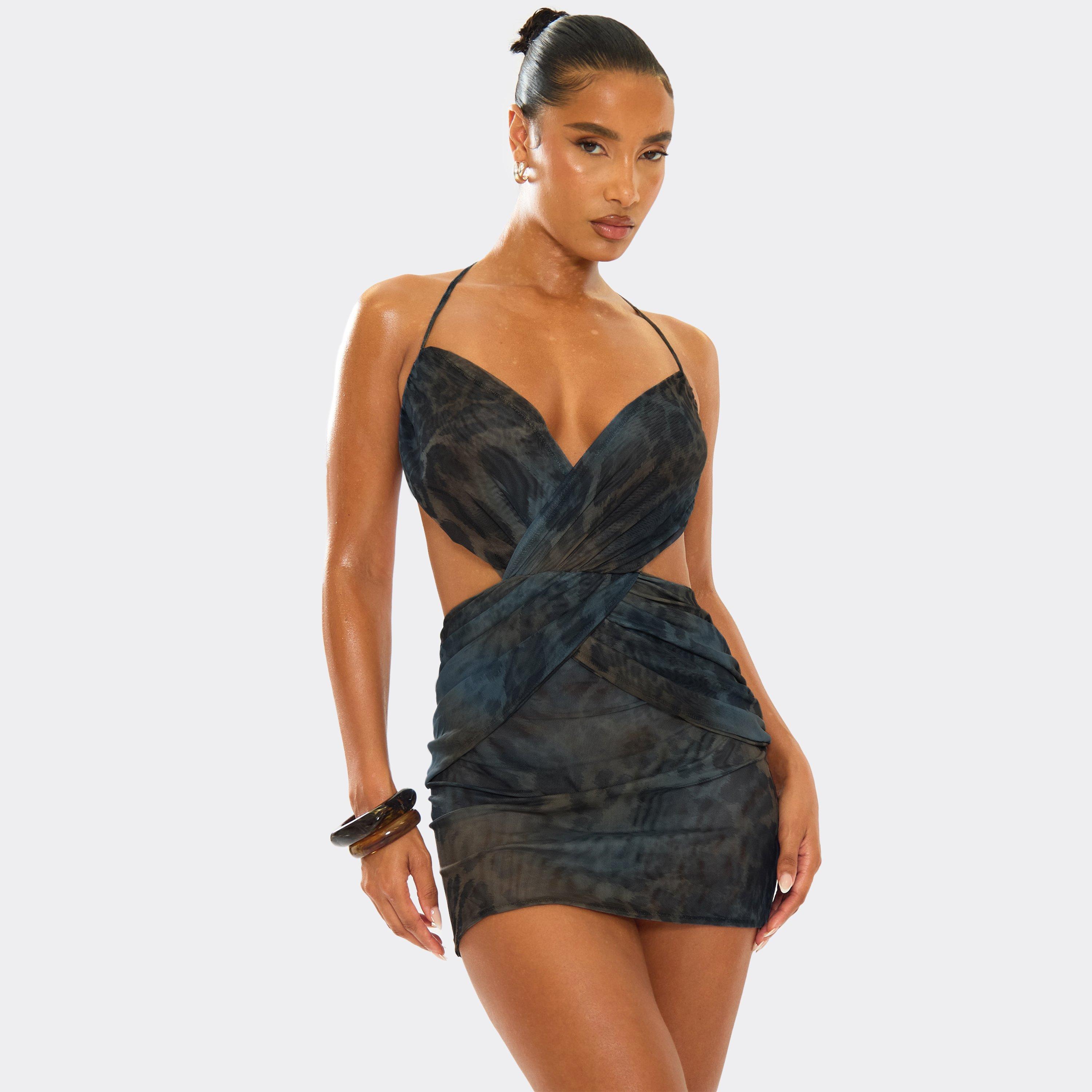 Halterneck Cross Over Detail Cut Out Mini Dress In Blue Animal Print, Women’s