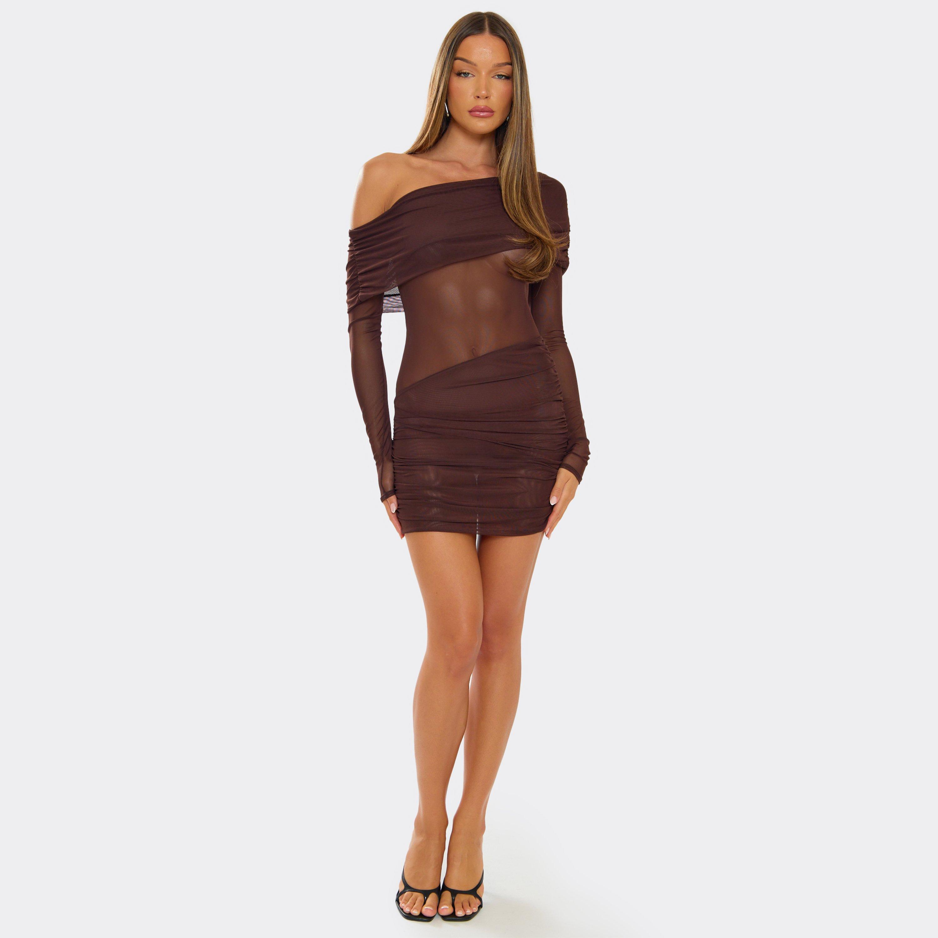 Asymmetric Shoulder Fold Over Mesh Detail Mini Dress In Chocolate Brown, Women’s