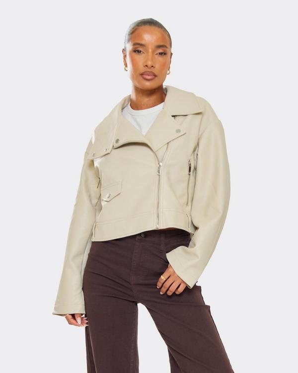 Long Sleeve Pocket Detail Cropped Biker Jacket In Stone Faux Leather