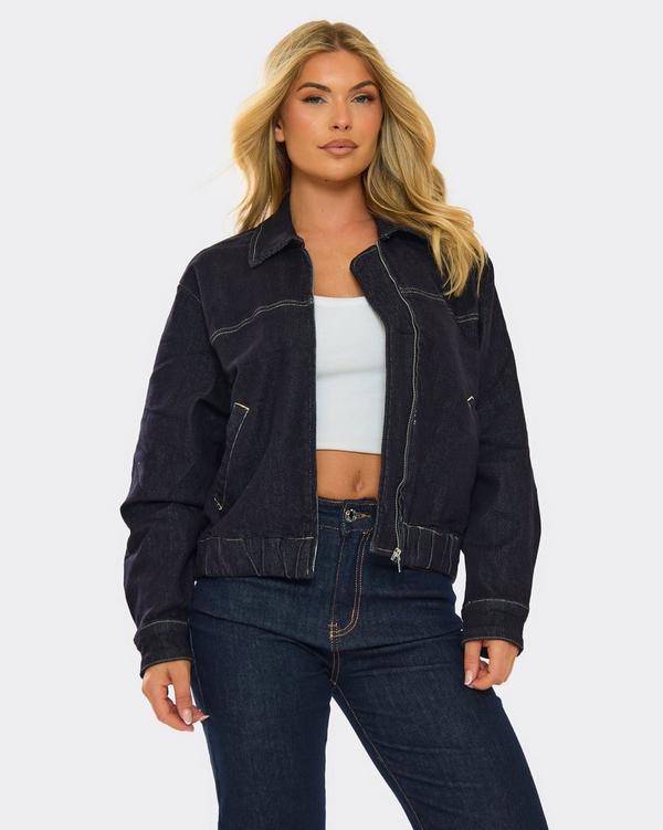 Indigo Oversized Zip-Up Denim Jacket With Contrast Stitching EGO
