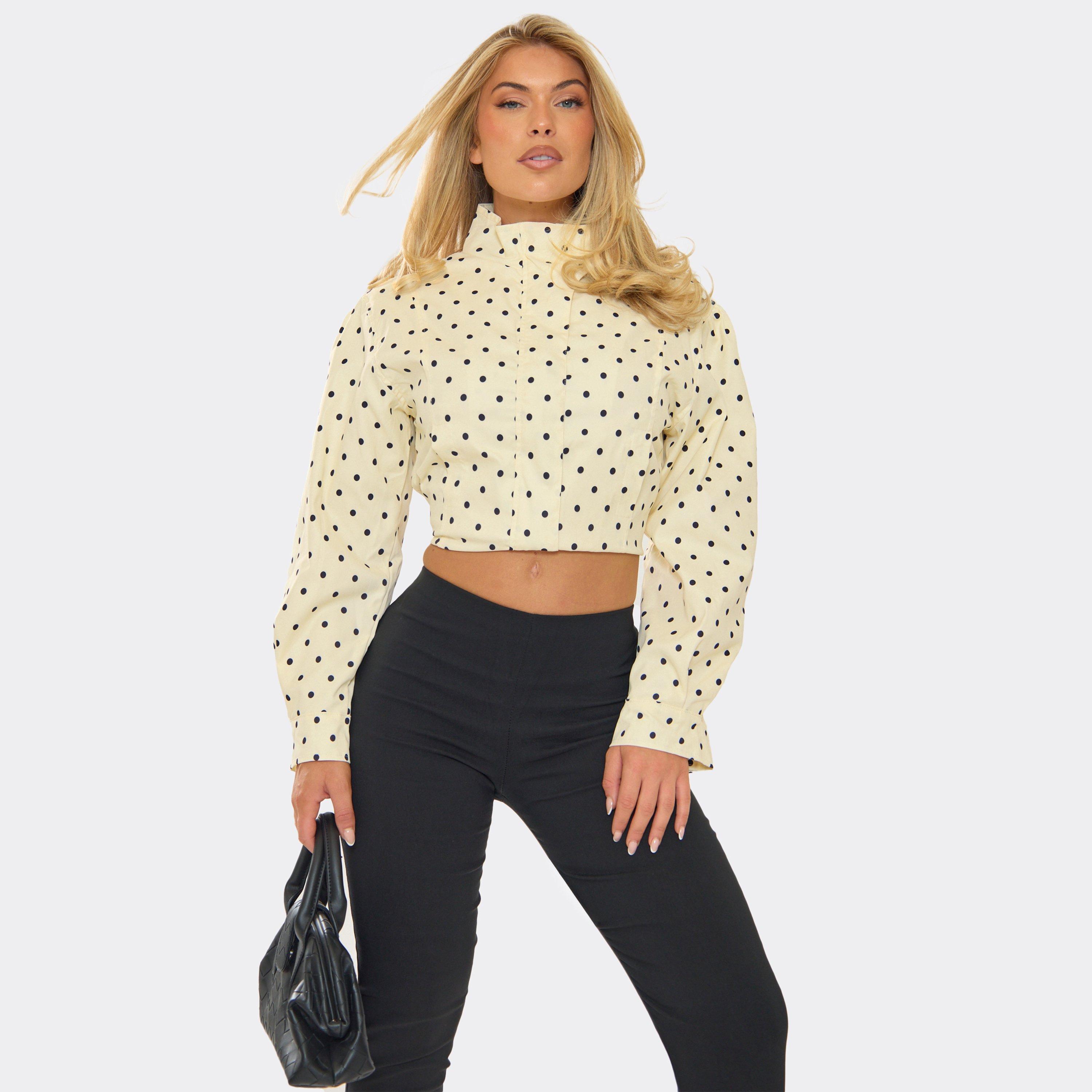 Long Sleeve High Neck Detail Jacket In Cream Polka Dot, Women’s