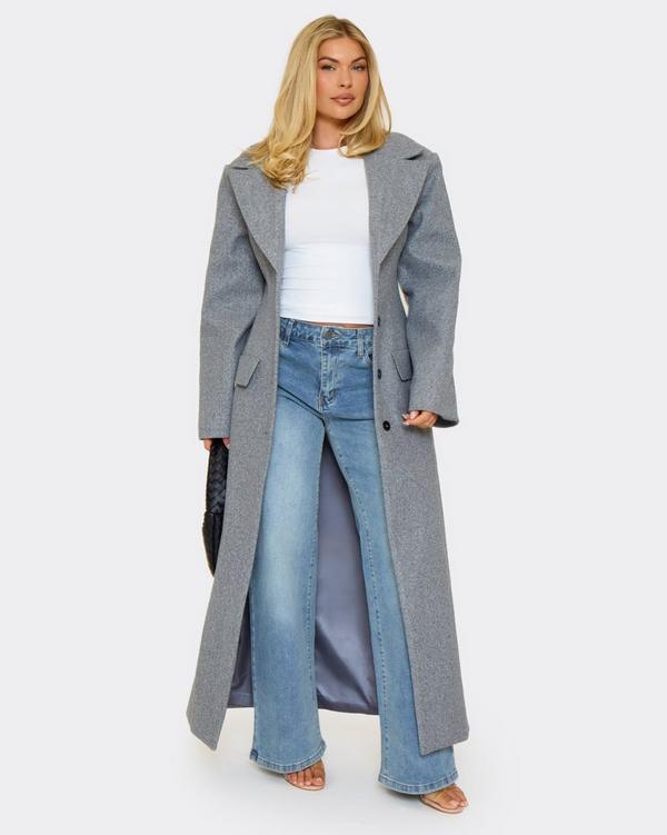 Long Sleeve Cinched Waist Blazer Wool Look Maxi Coat In Grey