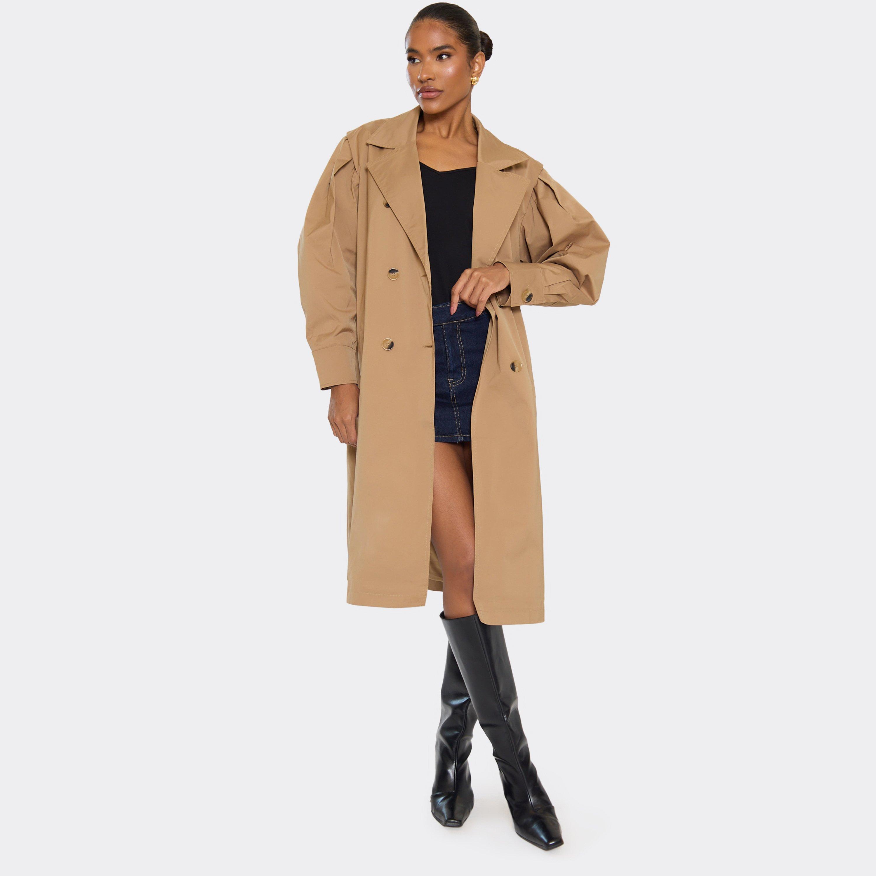 Double Breasted Belted Midi Trench Coat In Taupe, Women's Size UK S