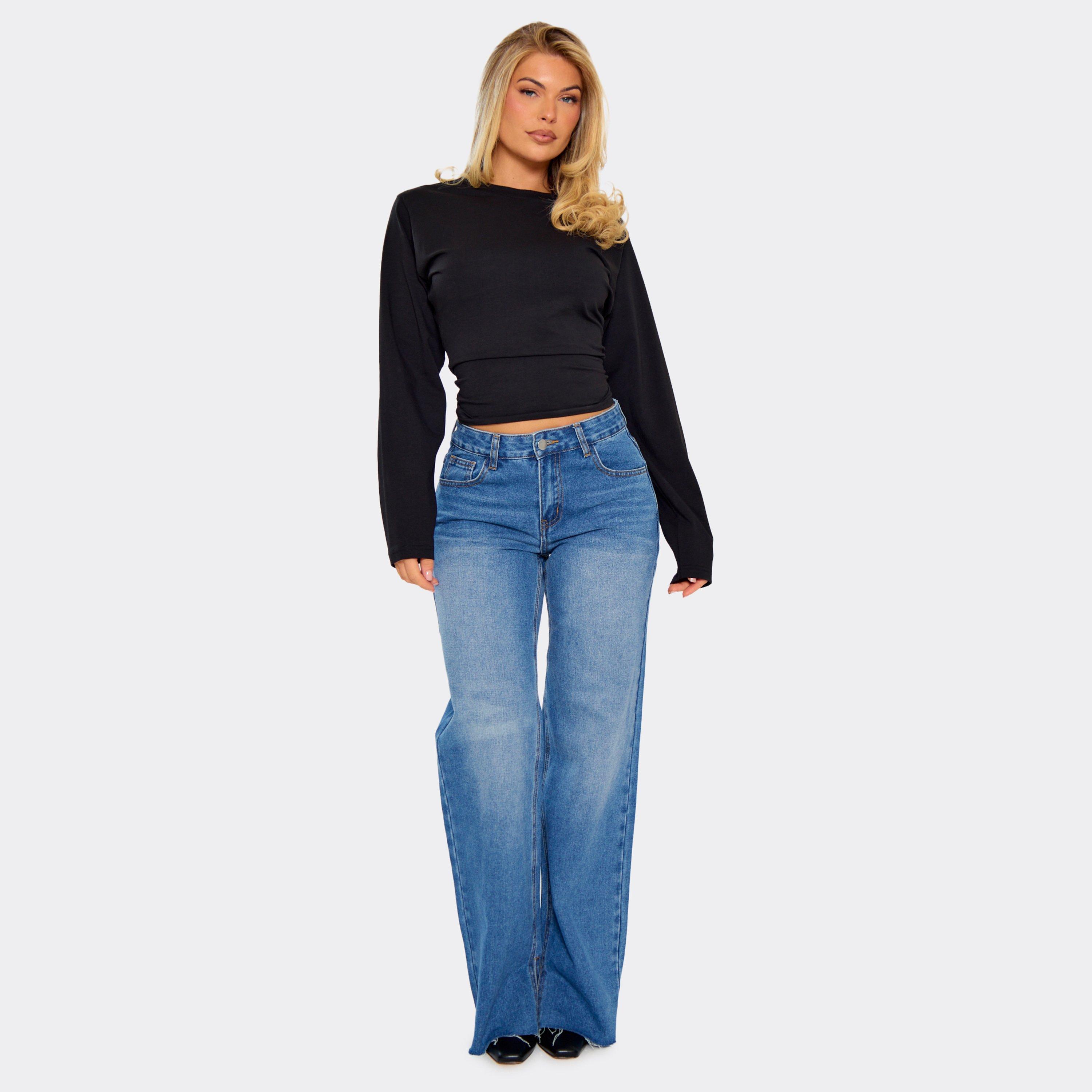 Image of Low Rise Waist Straight Leg Jeans In Mid Blue Wash Denim, Women's