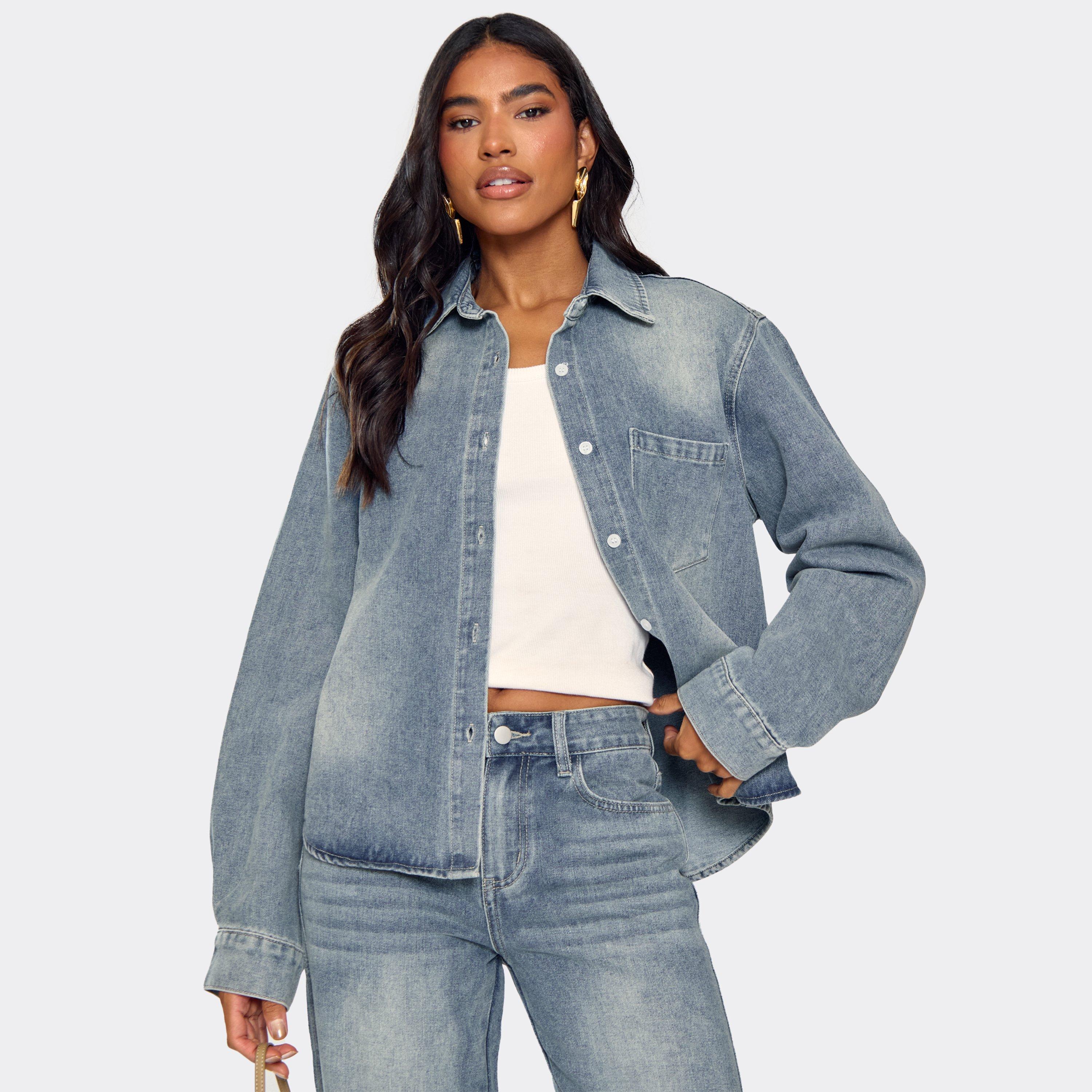 Image of Long Sleeve Oversized Button Up Detail Shirt In Washed Blue Denim, Women's