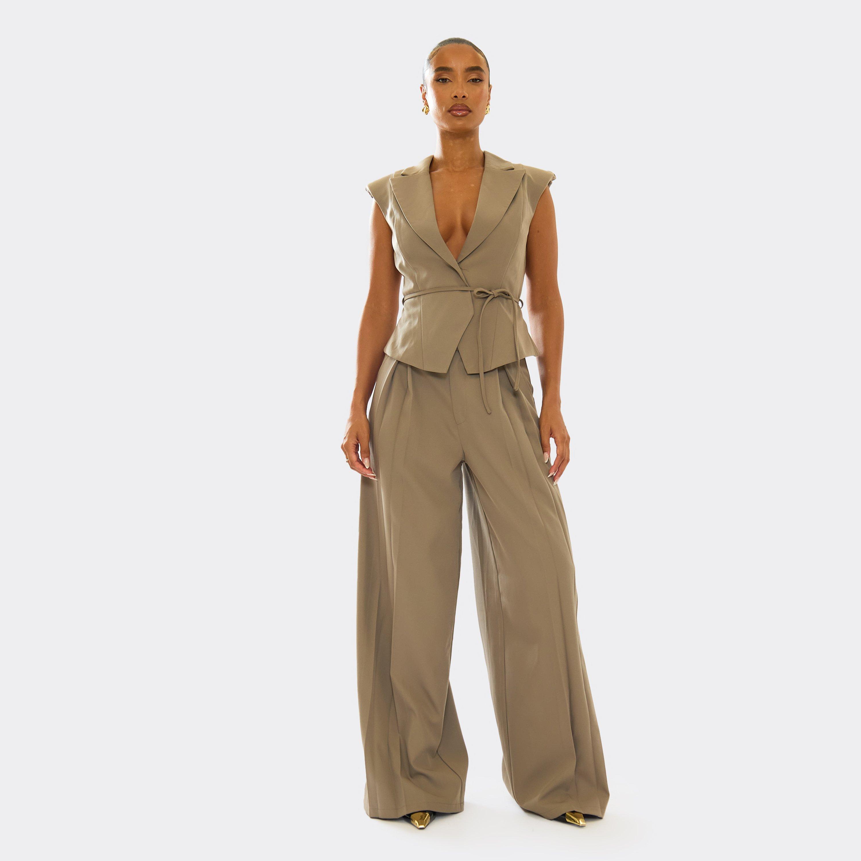 Image of High Waist Wide Leg Pleated Tailored Trousers In Taupe, Women's