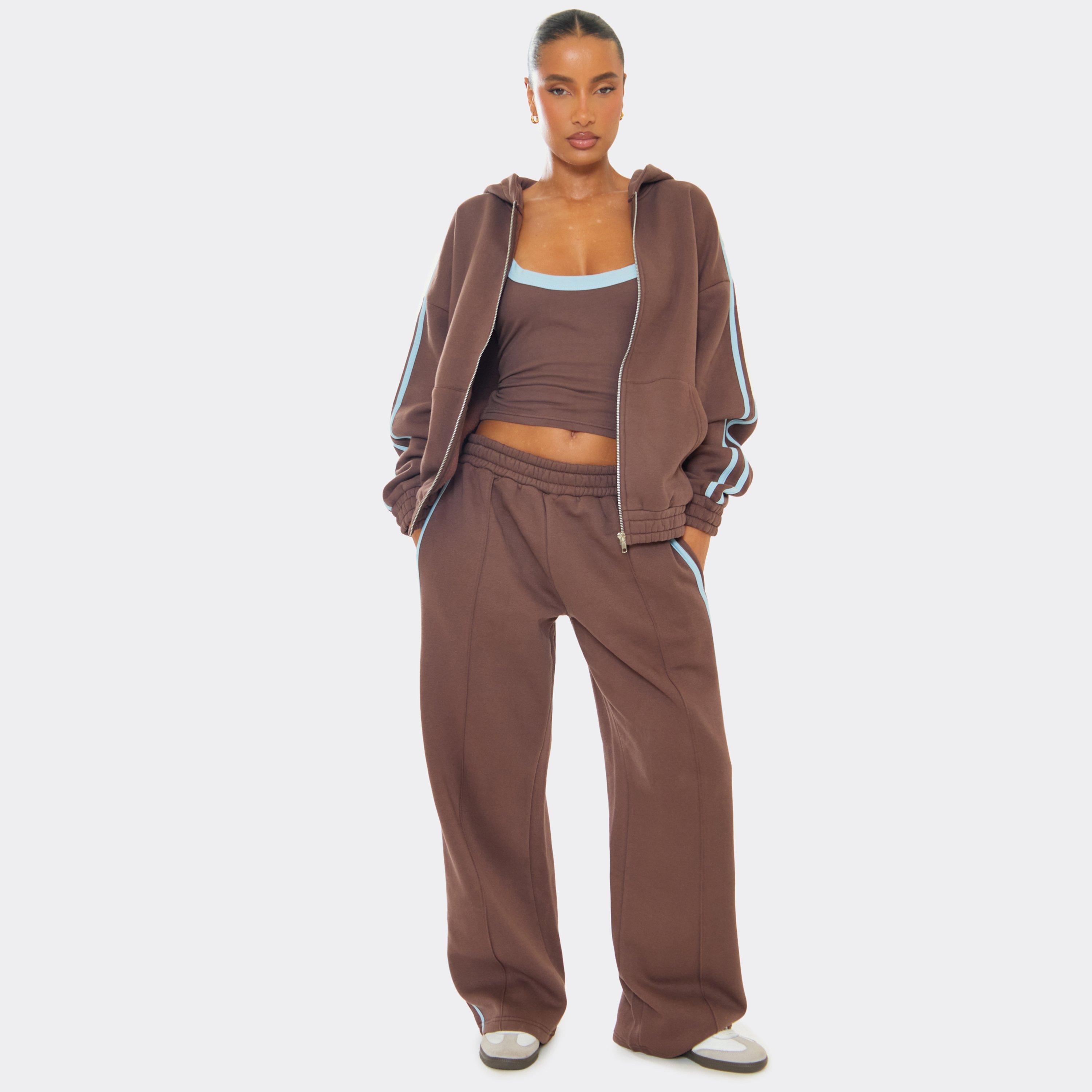 Low Rise Contrast Side Stripe Straight Leg Joggers In Chocolate Brown, Women's Size UK 14