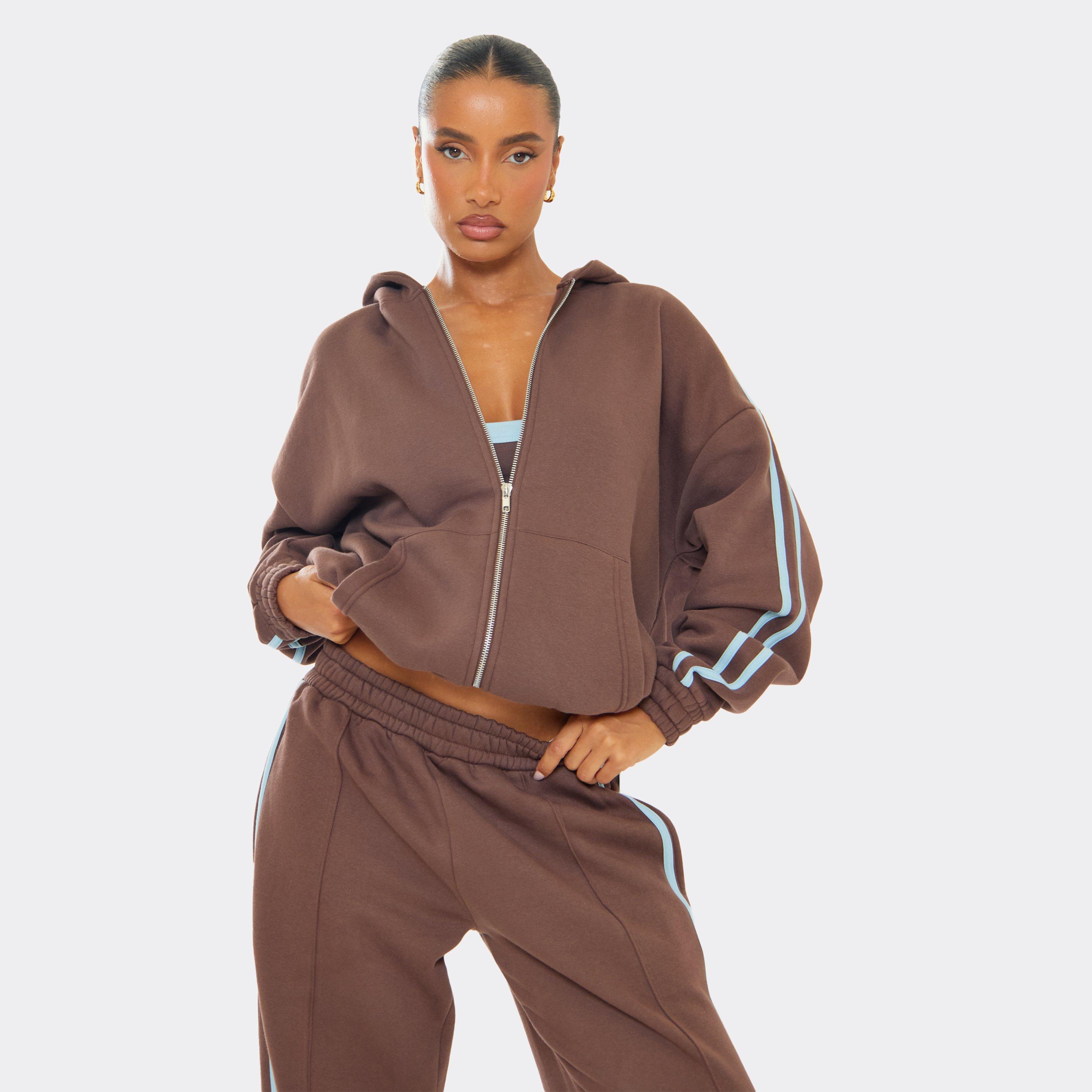 Long Sleeve Contrast Side Stripe Zip Up Oversized Hoodie In Chocolate Brown, Women's Size UK 4