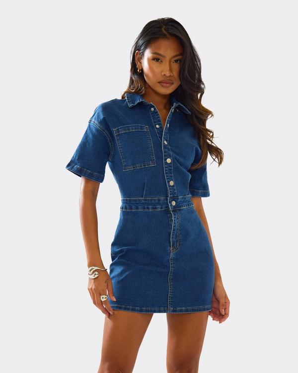 Women's Denim Print Shirt Dress - Short Sleeve Button Down Dress With  Pockets, Casual Summer & Spring 2024 Style Women's Denim Midi Dress