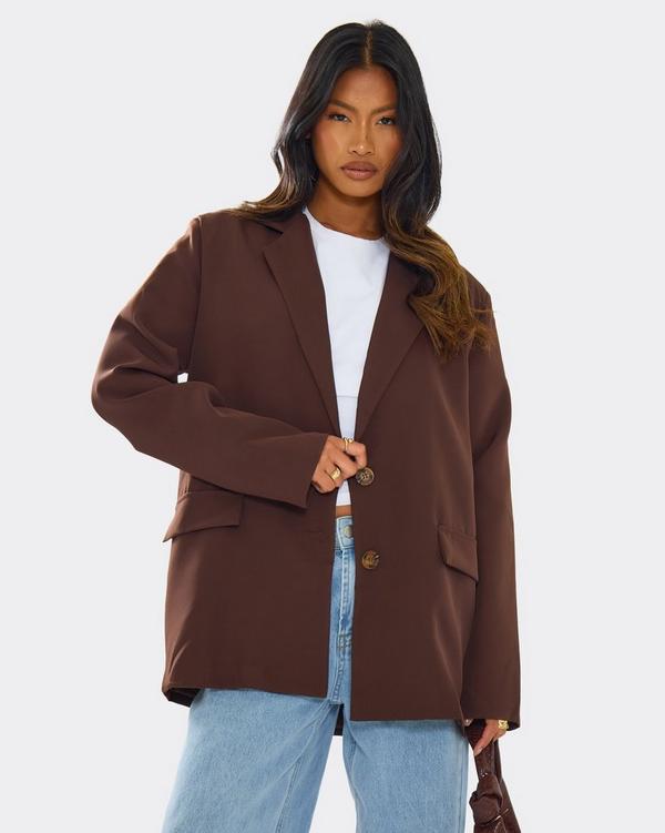 Long Sleeve Oversized Dad Blazer In Chocolate Brown