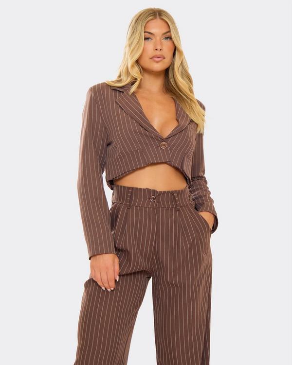 Long Sleeve Cropped Blazer In Brown Pinstripe