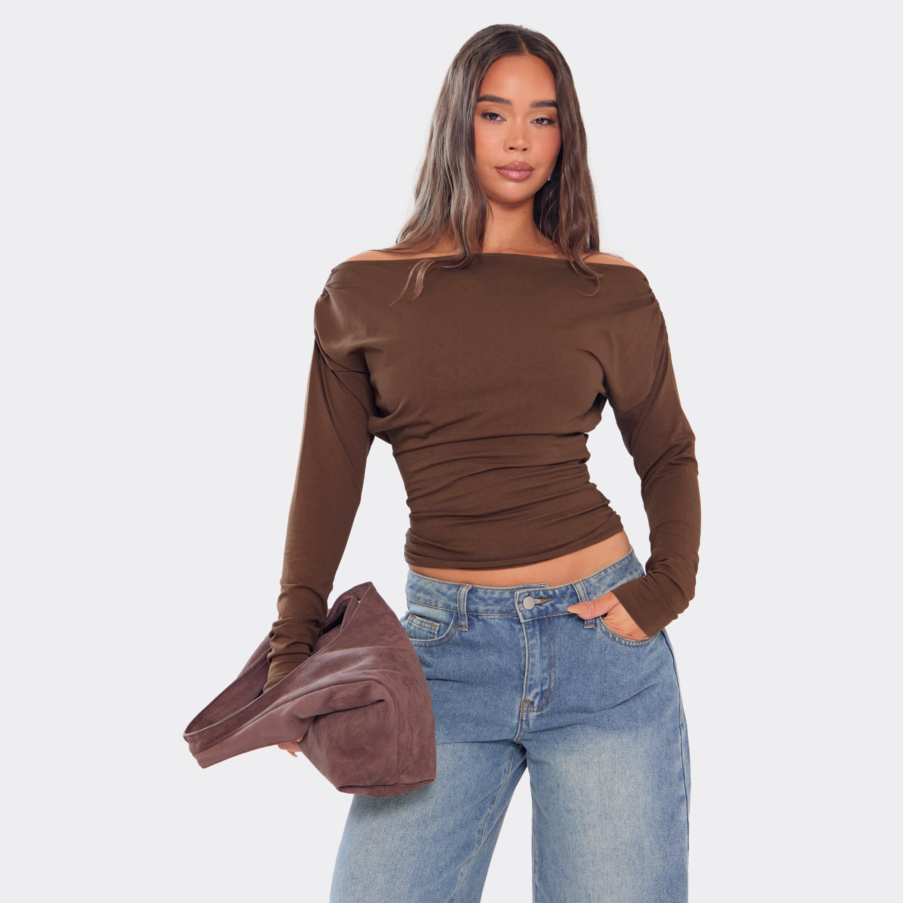 Bardot Long Sleeve Ruched Cinched Waist Top In Chocolate Brown, Women's Size UK 14