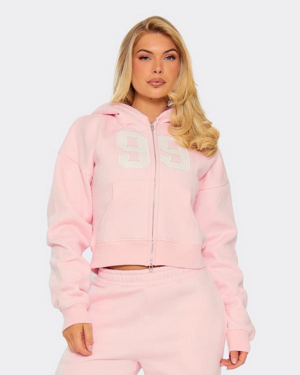 Pink Graphic Zip-Up Hoodie With A Cropped Fit And Boxy Style | EGO
