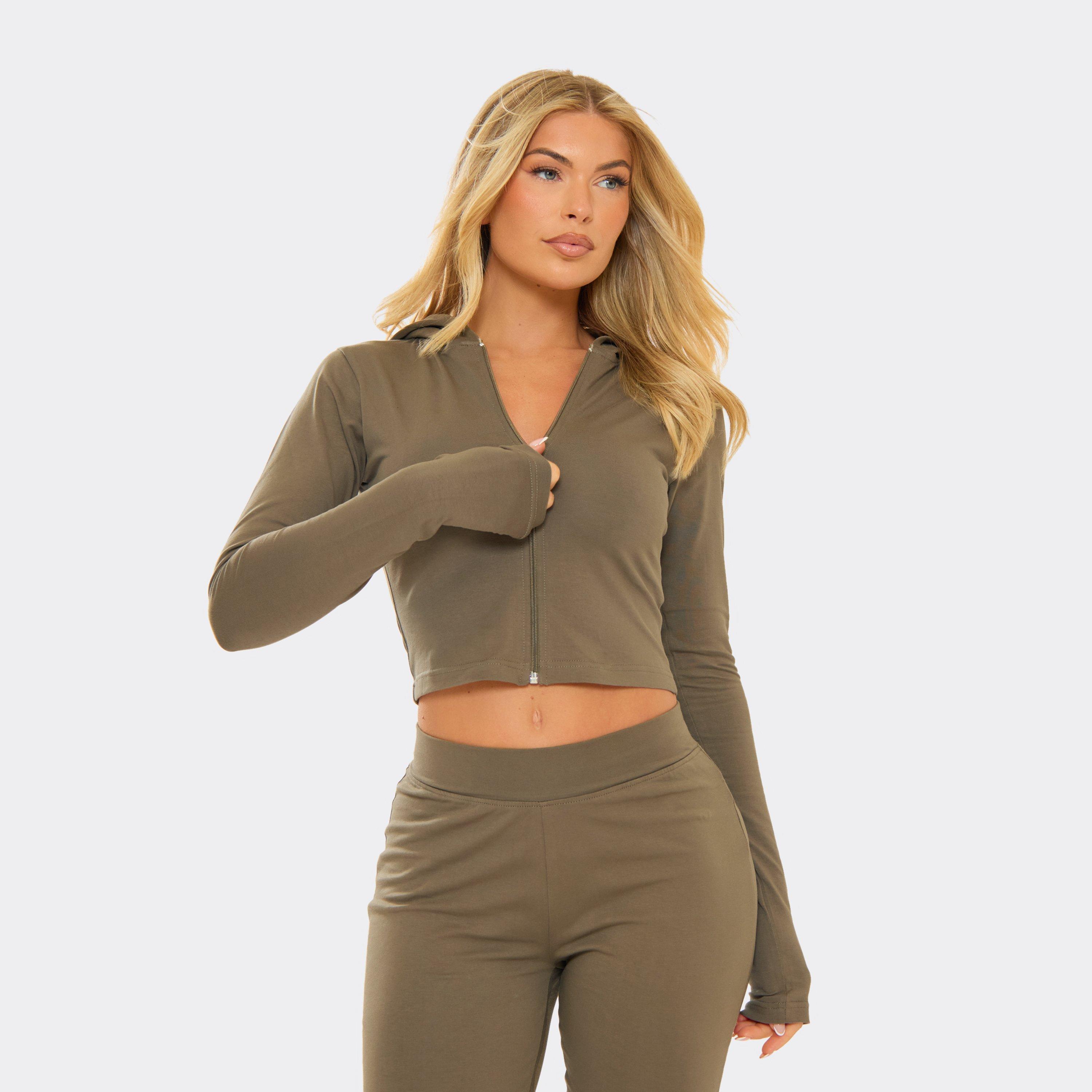 Long Sleeve Zip Up Fitted Hoodie In Washed Khaki Green, Women's Size UK 6