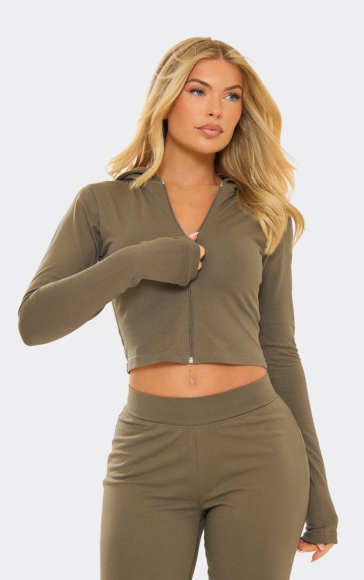 Long Sleeve Embroidered Graphic Detail Zip Up Cropped Hoodie In