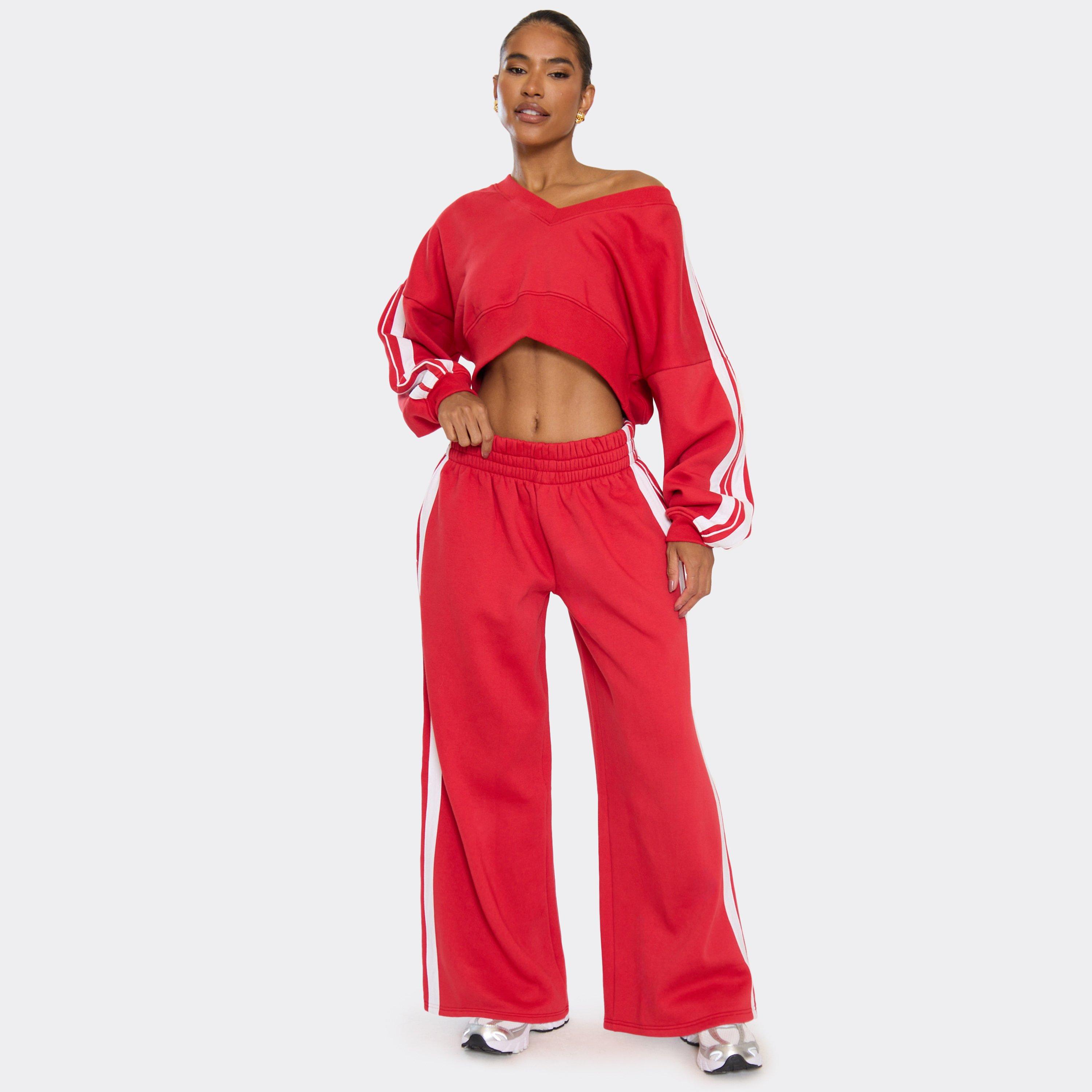 Low Rise Stripe Detail Wide Leg Joggers In Red, Women's Size UK 8