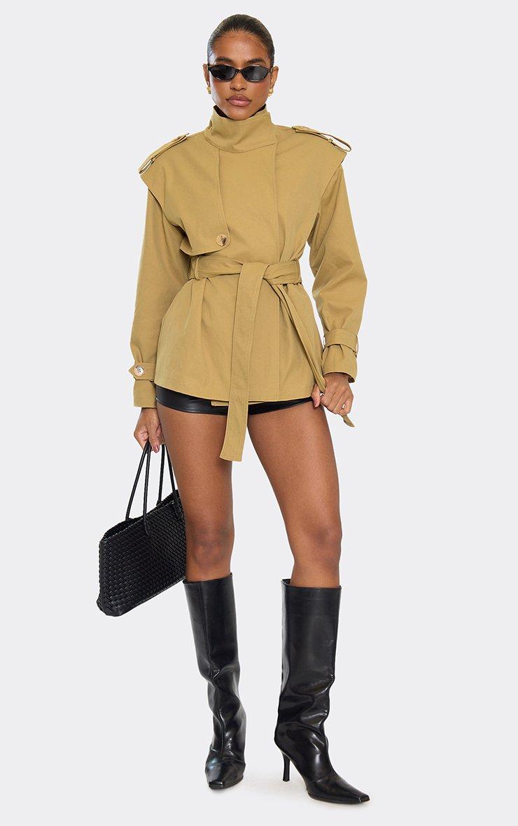High Neck Belted Waist Short Trench Coat In Taupe | EGO US | EGO