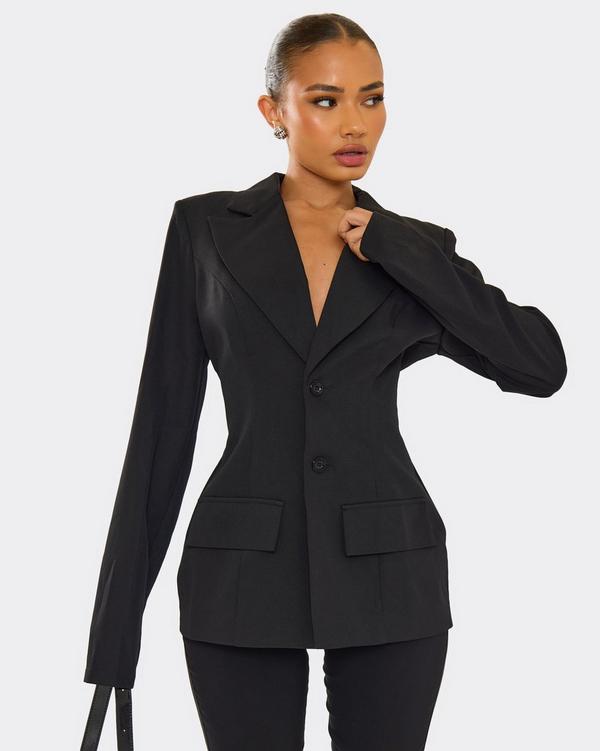 Long Sleeve Cinched Waist Shaped Hip Detail Blazer In Black