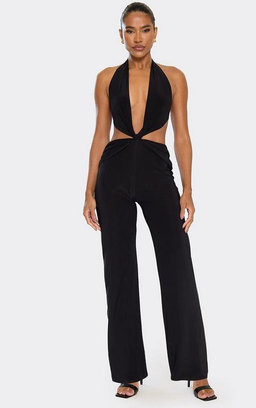 Long Sleeve Plunge Strappy Waist Detail Split Leg Jumpsuit In