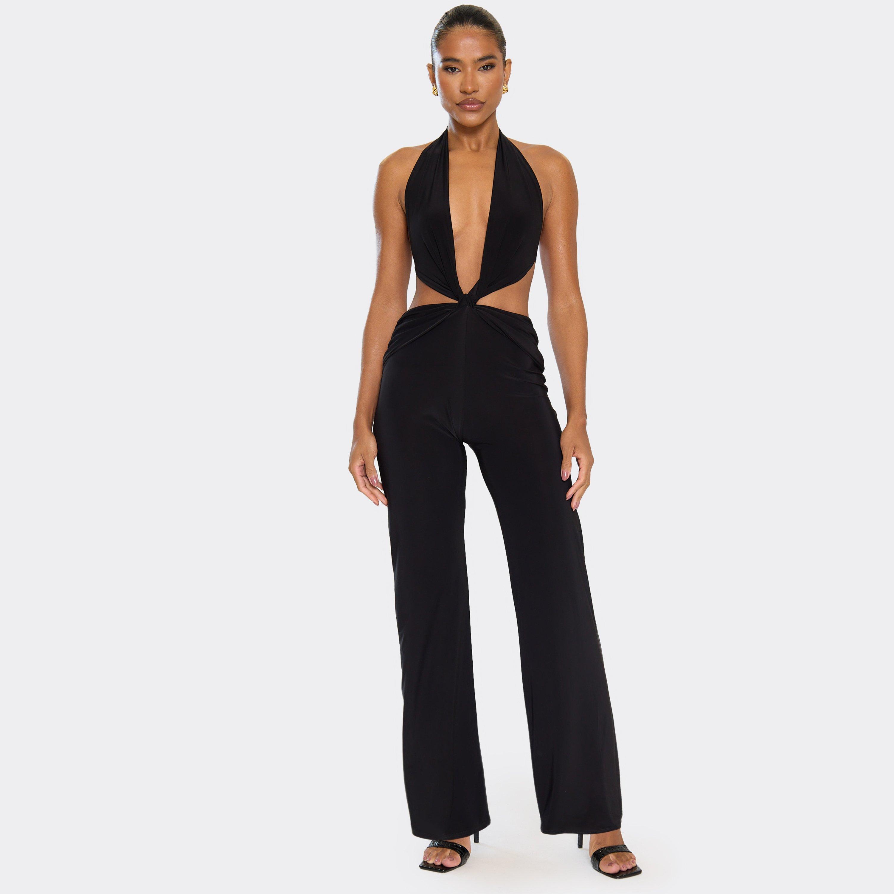 Image of Plunge Halterneck Cut Out Knot Detail Jumpsuit In Black, Women's