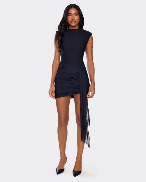 High Neck Drape Detail Structured Mini Dress In Black
