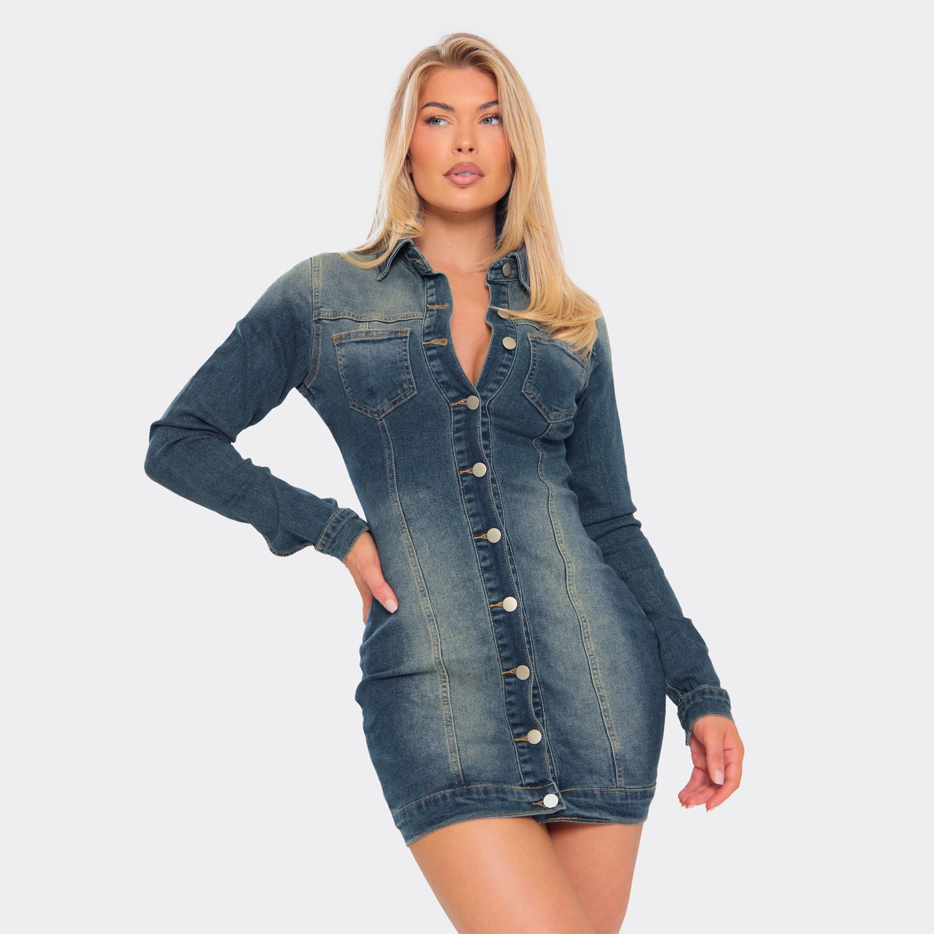 Long Sleeve Button Down Collared Detail Mini Dress In Washed Blue Denim, Women’s