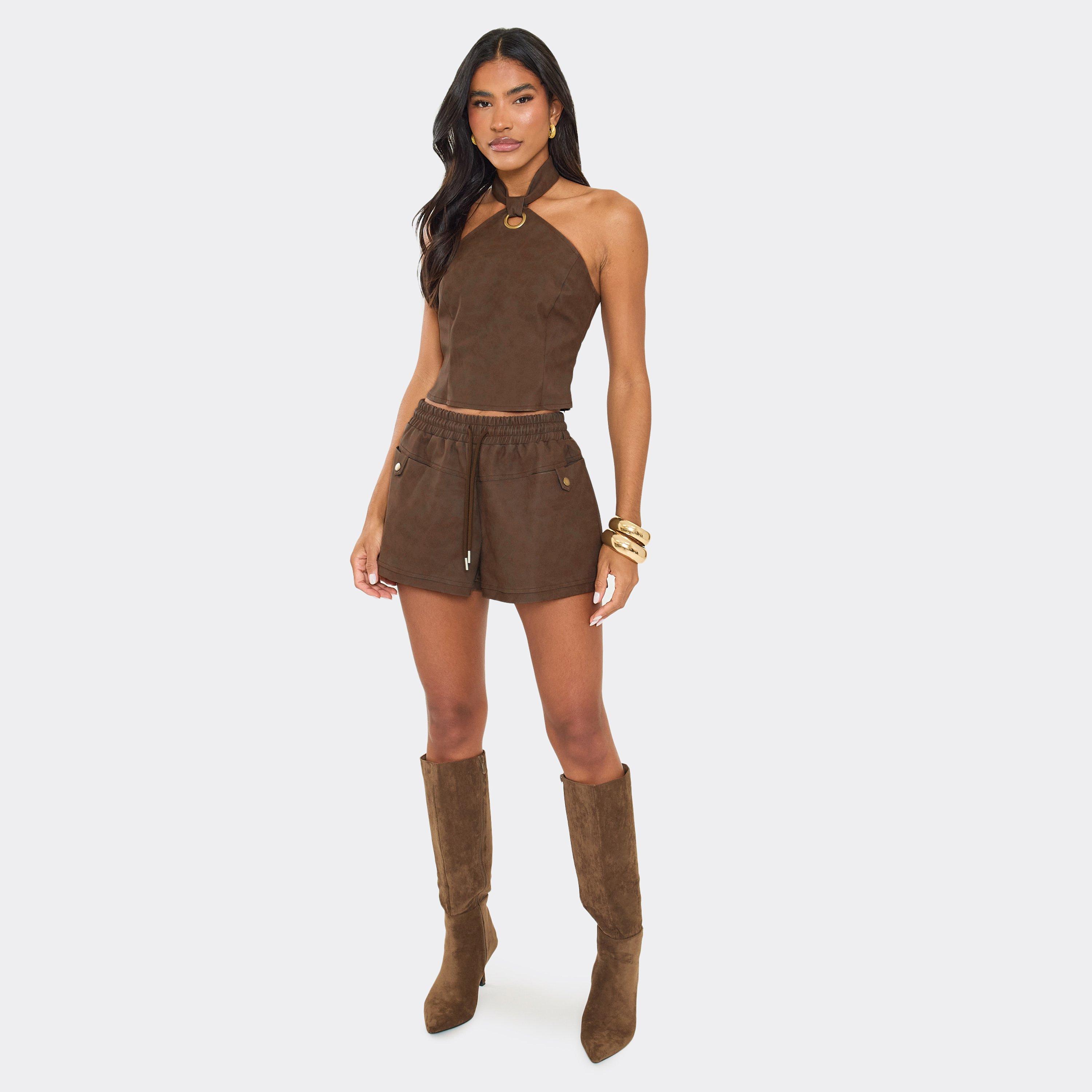 Mid Rise Drawstring Waist Detail Mini Shorts In Brown Wet Look, Women’s