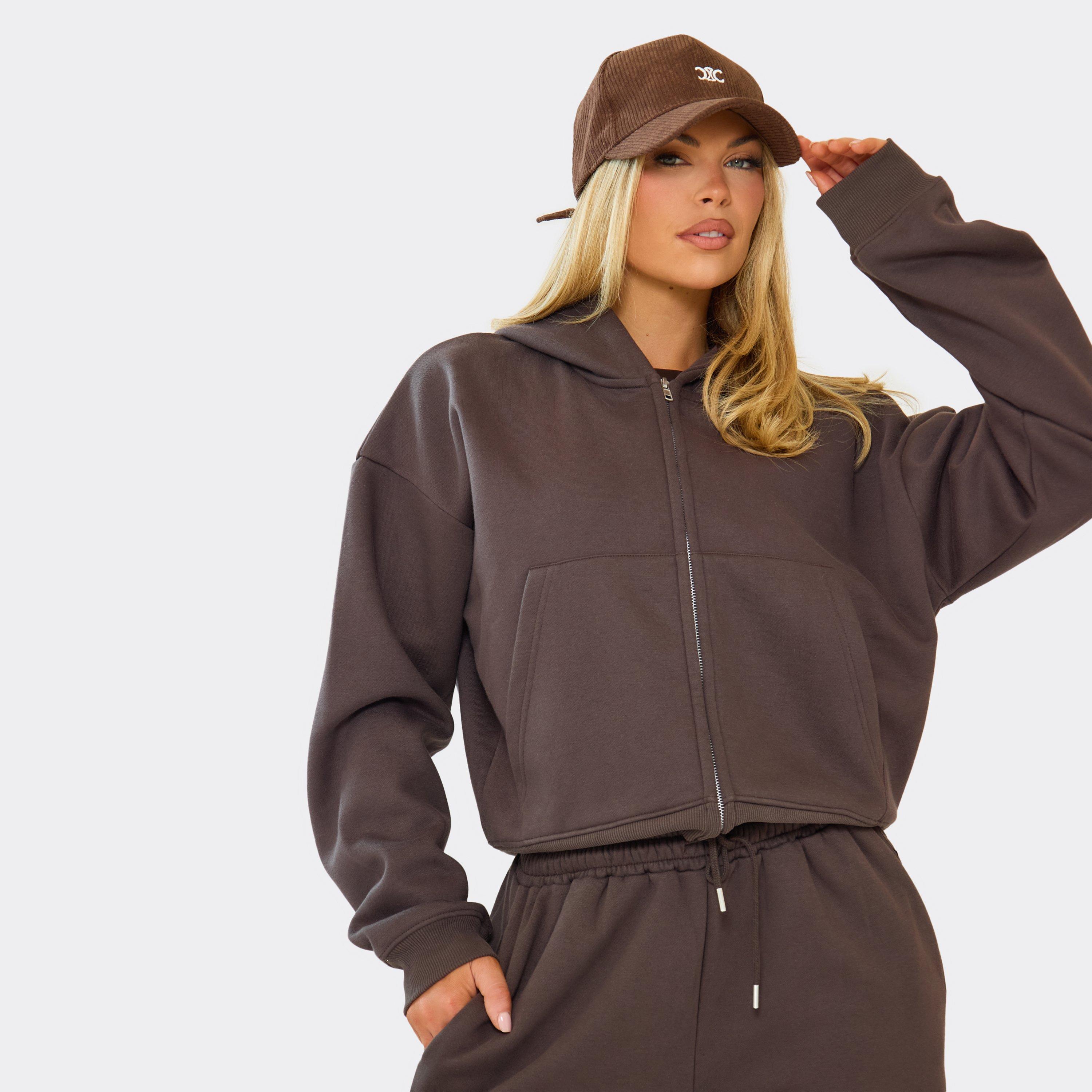 Double Zip Up Boxy Detail Hoodie In Chocolate Brown, Women’s