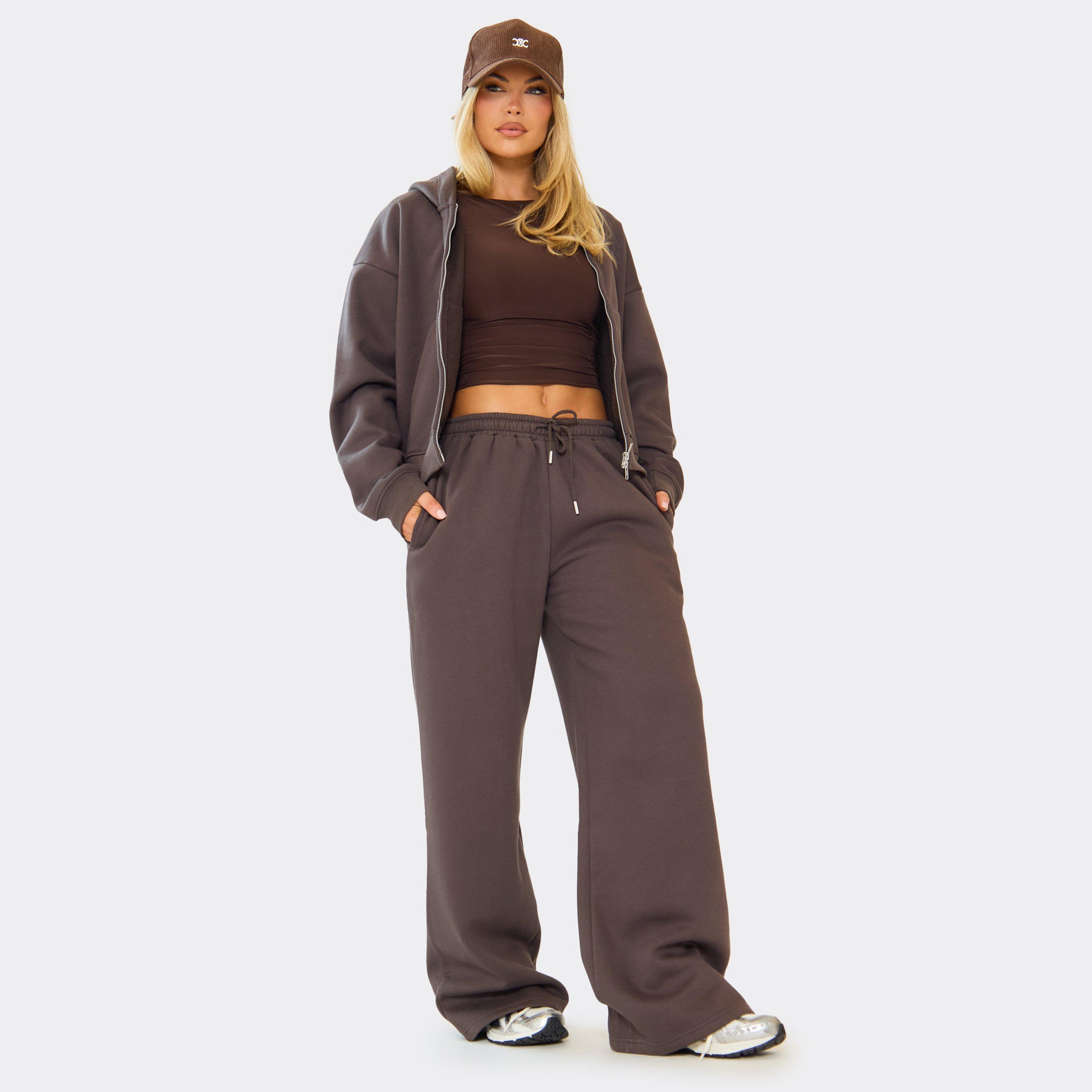 Low Rise Drawstring Wide Leg Joggers In Chocolate Brown, Women's Size UK 10
