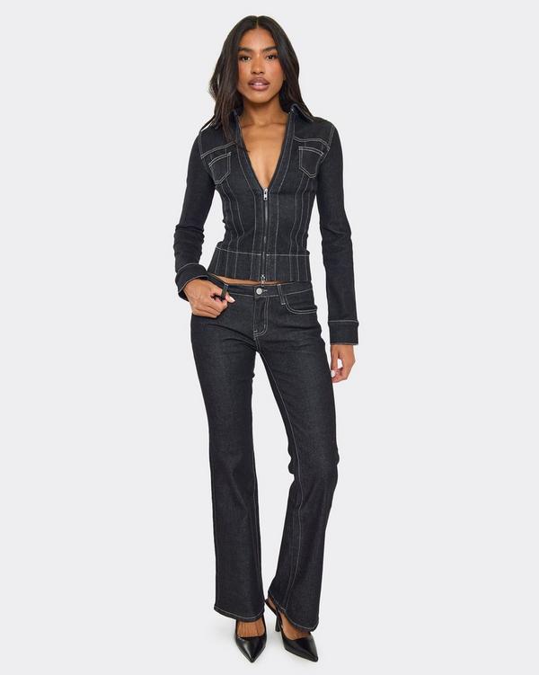 Low Rise Seam Detail Flared Jeans In Black Denim