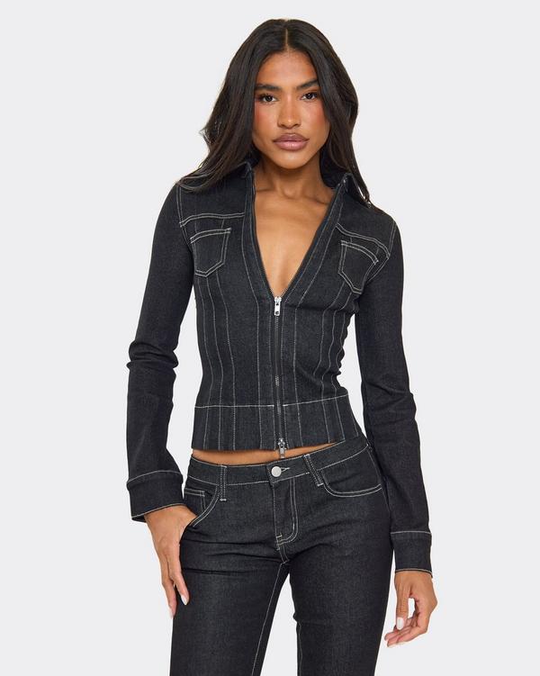 Long Sleeve Seam Detail Fitted Jacket In Black Denim