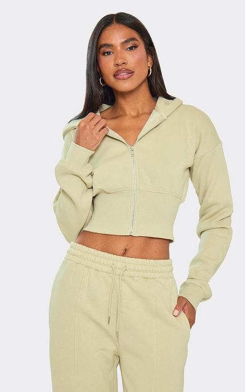 Long Balloon Sleeve Zip Up Front Cropped Hoodie In Cream | EGO US