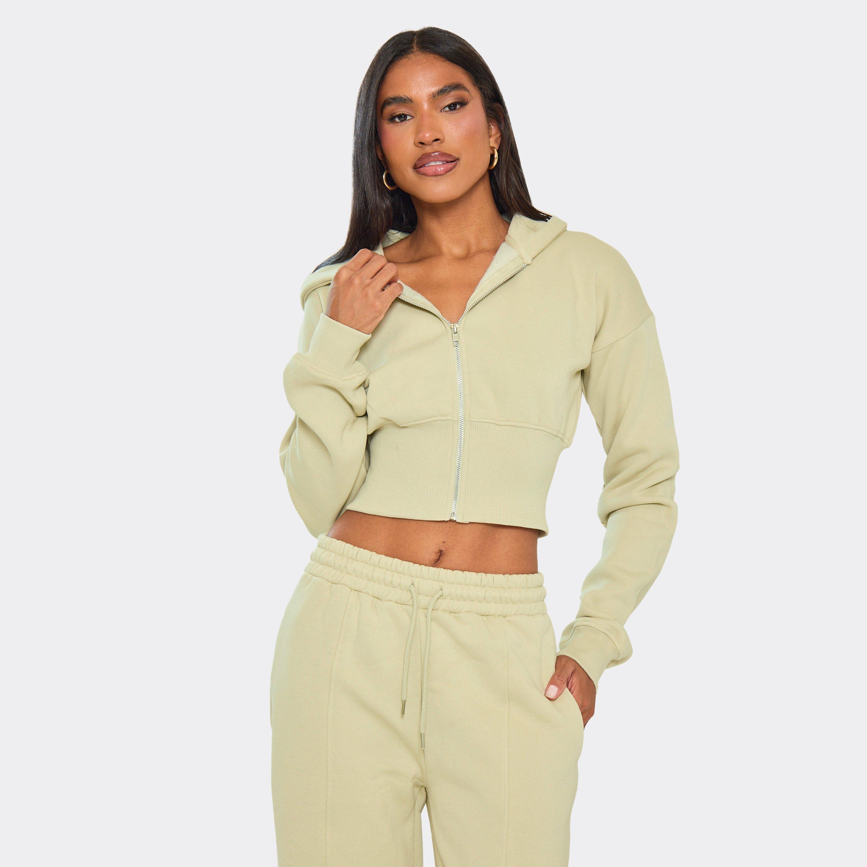 Long Sleeve Cinched Waist Zip Up Hoodie In Sage Green, Women’s