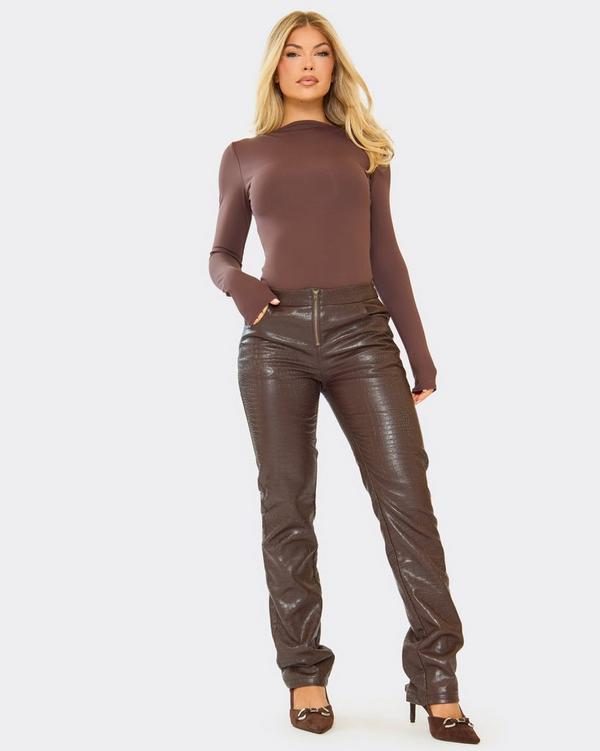 Mid Rise Straight Leg Trousers In Chocolate Brown Croc Print Faux