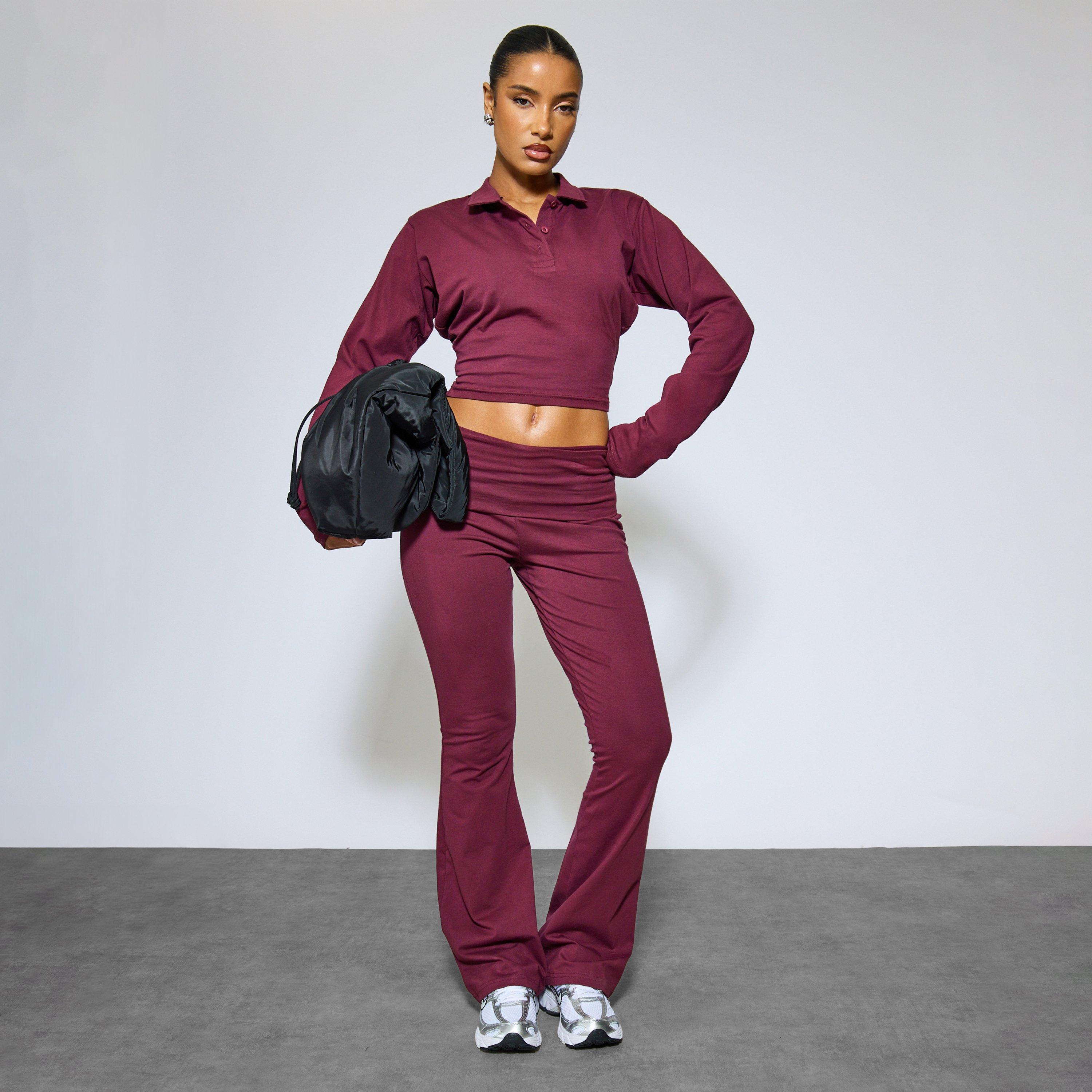 Low Rise Foldover Waist Flared Leg Trousers In Plum, Women's Size UK 10