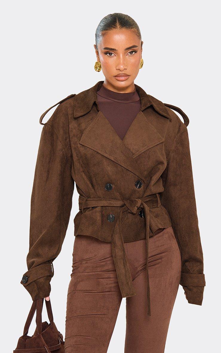 Oversized Collared Cropped Jacket In Chocolate Brown Faux Fur