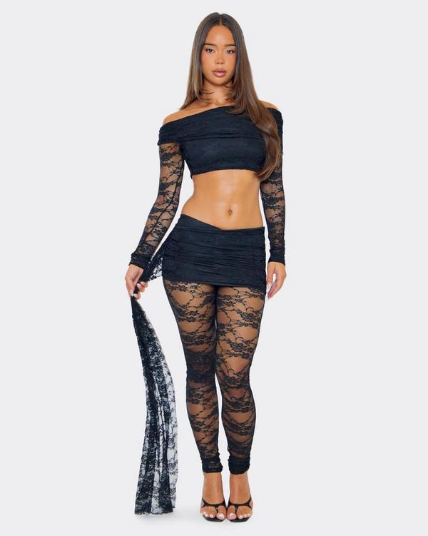 Fold Over Waistband Drape Side Leggings In Black Lace EGO