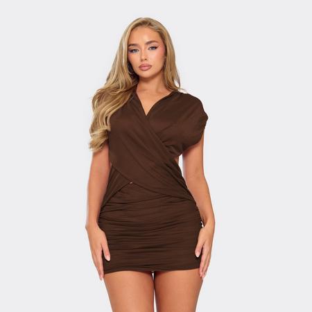 Cross Over Ruched Detail Mini Dress In Chocolate Brown Mesh, Women's Size US