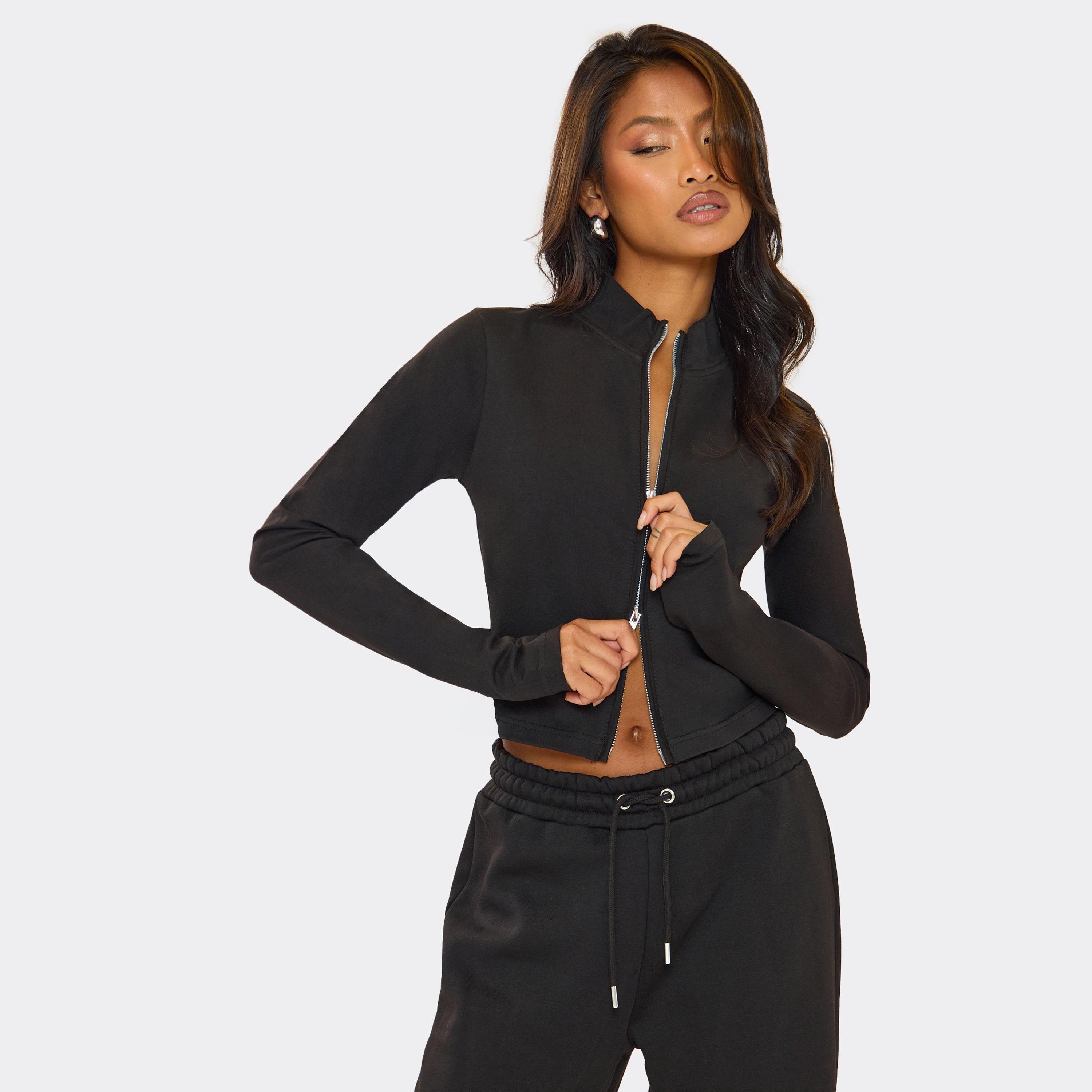 Image of Long Sleeve Double Zip Fitted Top In Black, Women's